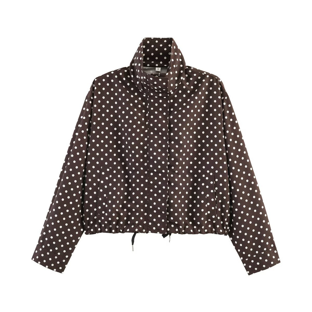 Damen Gepunktete Kurzjacke mit Stehkragen, verdeckter Frontleiste und Kordelzug Drune