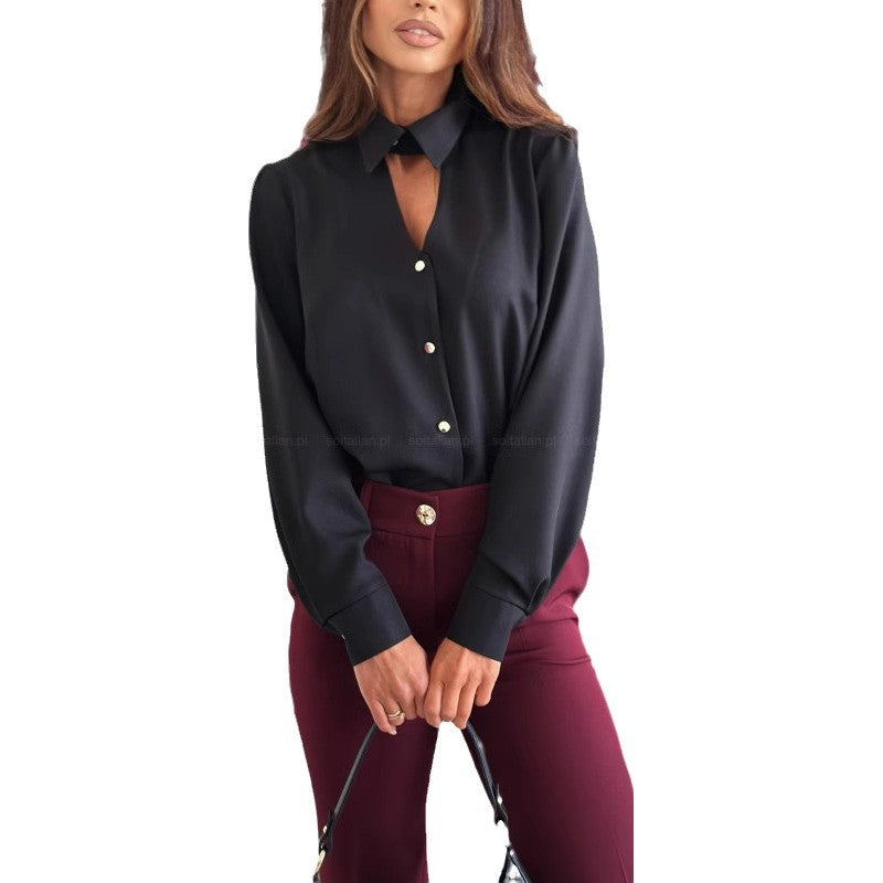 Damen elegante Chiffonbluse mit dekorativen Knöpfen und Stehkragen Drune