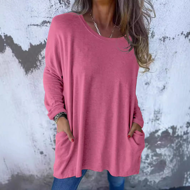 Damen Weiches Oversize Langarmshirt mit Rundhalsausschnitt, Lässigen Ärmeln und Seitentaschen Drune