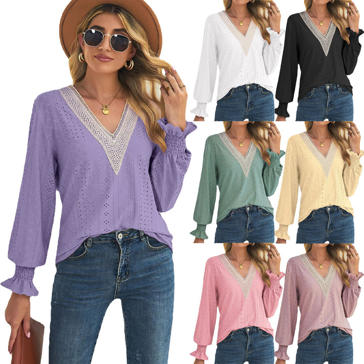 Damen Blusenshirt mit Lochmuster und V-Ausschnitt Drune