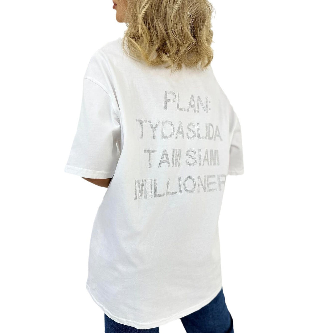 Damen oversized Statement-T-Shirt mit Strassschrift auf dem Rücken Drune
