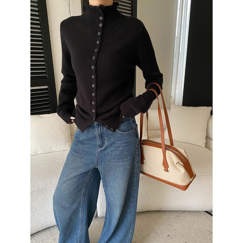Damen eleganter Strickpullover mit Knopfleiste und hohem Kragen Drune