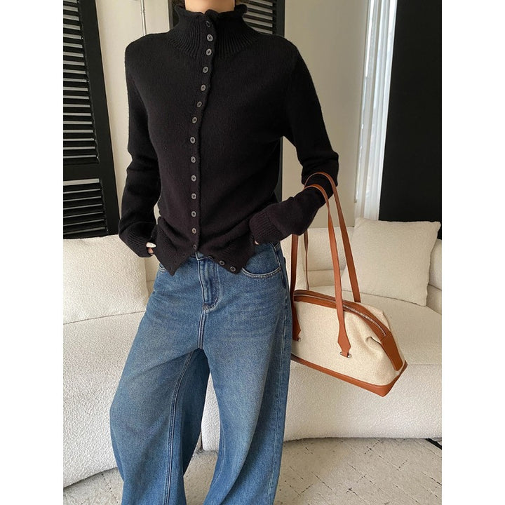 Damen eleganter Strickpullover mit Knopfleiste und hohem Kragen Drune