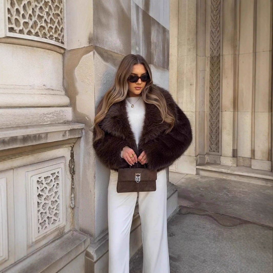 Damen Kurzer Boxy Kunstpelz‑Blouson mit voluminösem Schalkragen Drune