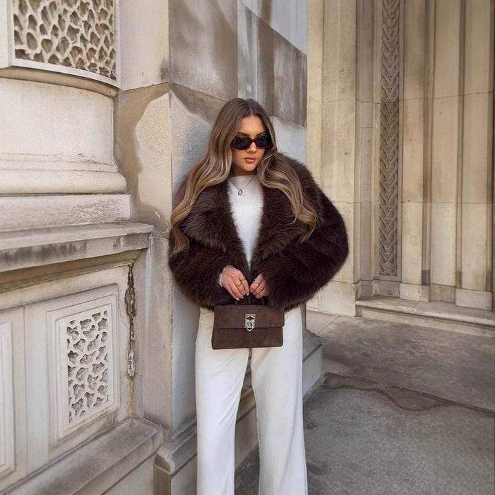 Damen Kurzer Boxy Kunstpelz‑Blouson mit voluminösem Schalkragen Drune