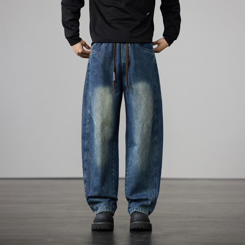 Herren Baggy-Denimhose mit Tunnelzug und Used-Wash-Details Drune