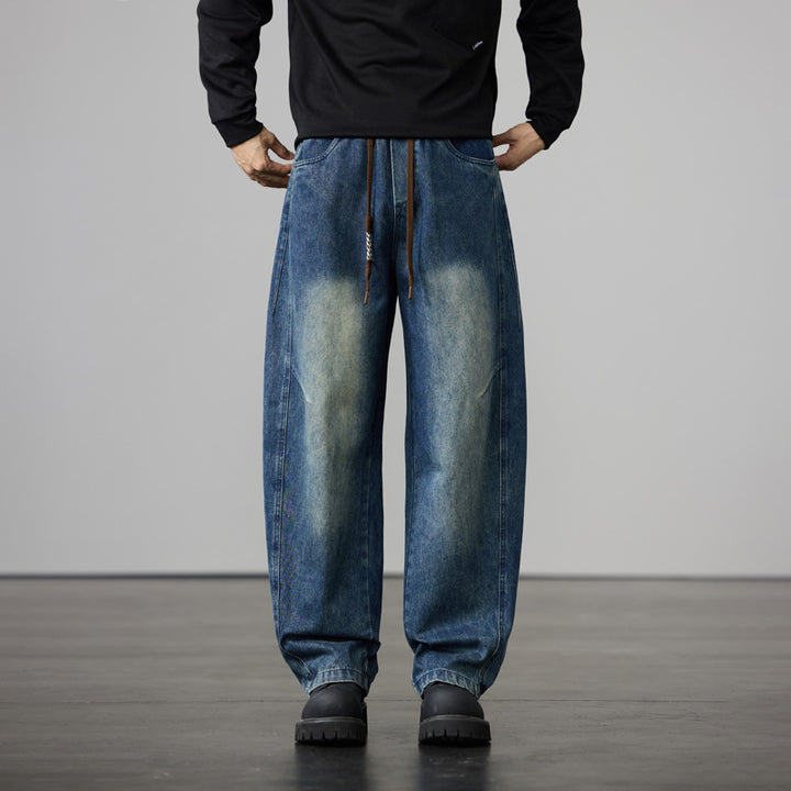 Herren Baggy-Denimhose mit Tunnelzug und Used-Wash-Details Drune