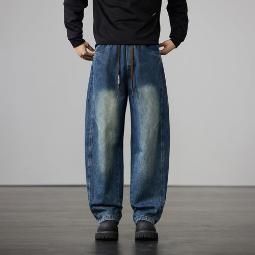Herren Baggy-Denimhose mit Tunnelzug und Used-Wash-Details Drune