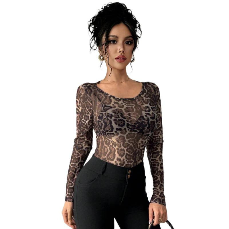 Damen Langarm-Body mit transparentem Leopardenmuster und enganliegender Passform Drune
