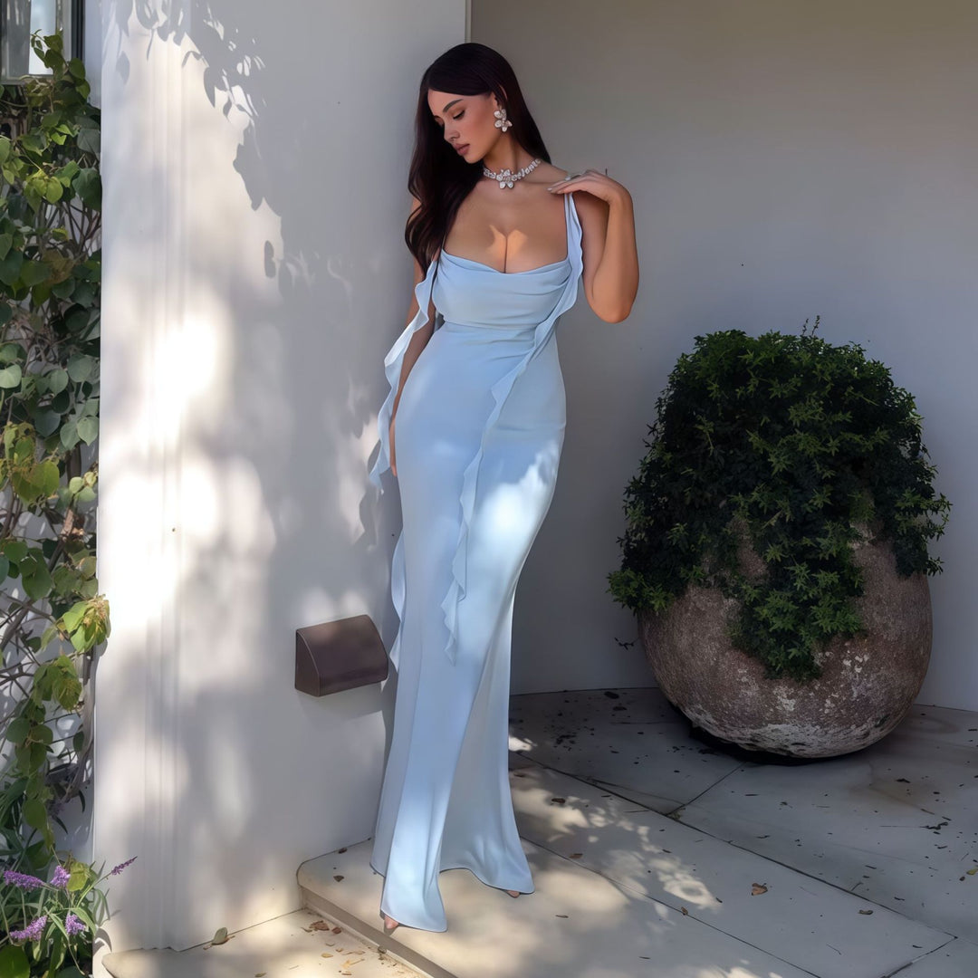 Damen Elegantes Maxi-Kleid mit asymmetrischen Rüschendetails und tiefem V-Ausschnitt Drune