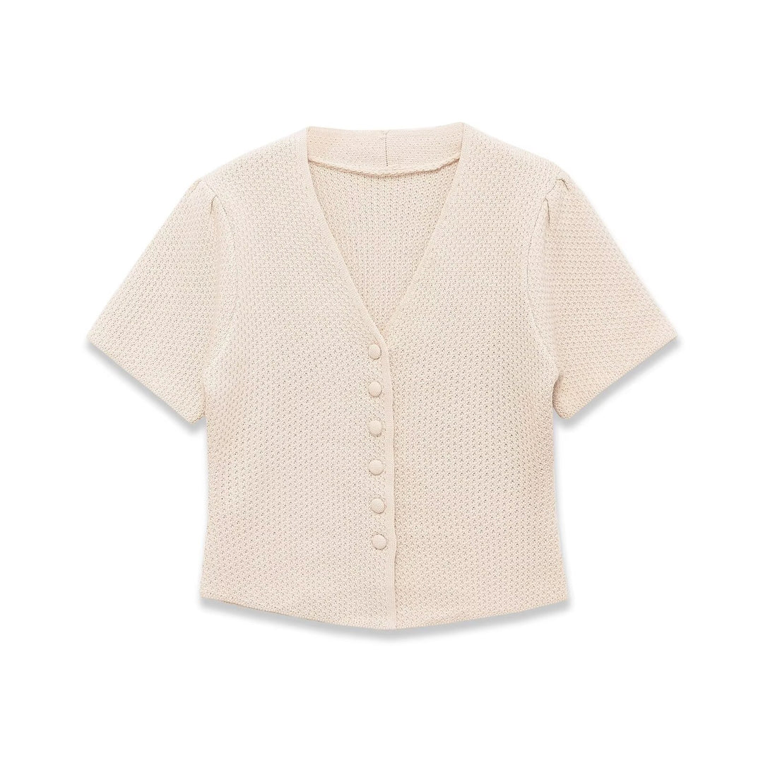 Damen Kurzarm Strickjacke mit V-Ausschnitt und feiner Struktur Drune