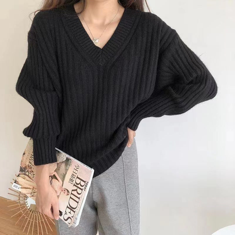 Damen Viskose-Strickpullover mit V-Ausschnitt und geripptem Design Drune