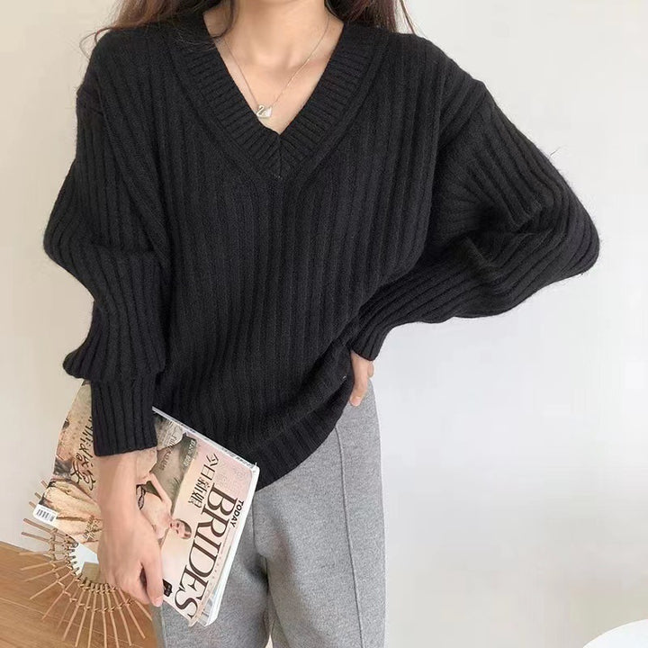 Damen Viskose-Strickpullover mit V-Ausschnitt und geripptem Design Drune