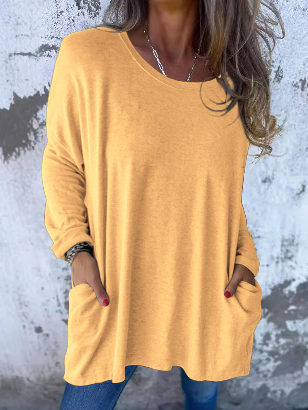 Damen Weiches Oversize Langarmshirt mit Rundhalsausschnitt, Lässigen Ärmeln und Seitentaschen Drune