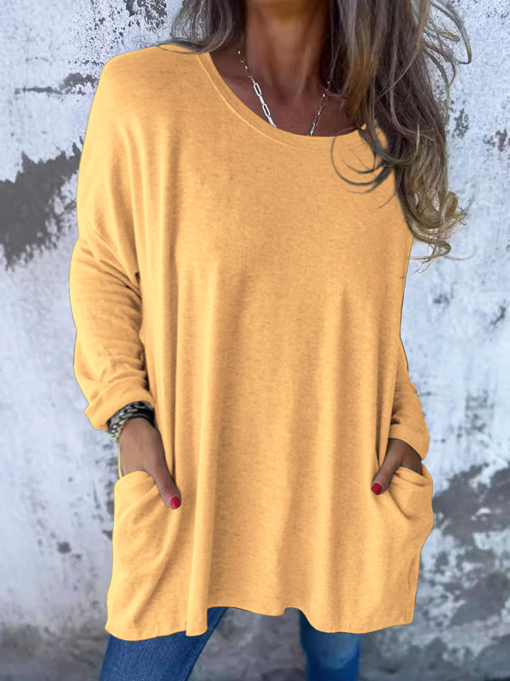 Damen Weiches Oversize Langarmshirt mit Rundhalsausschnitt, Lässigen Ärmeln und Seitentaschen Drune