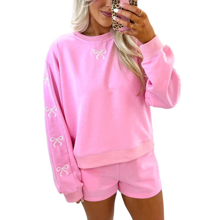 Damen Kuscheliges Sweat-Lounge-Set mit Shorts und bestickten Ballonärmeln Drune