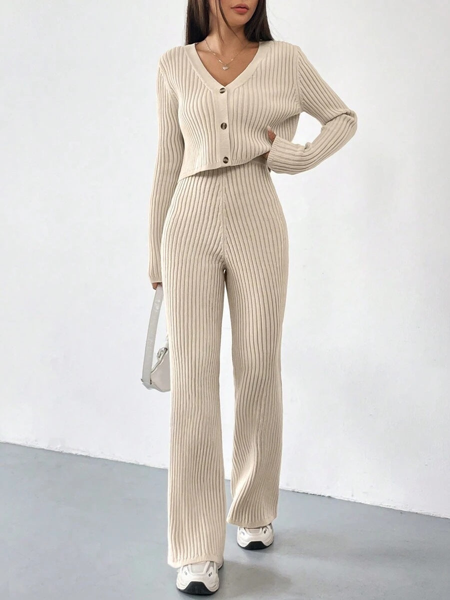 Damen Strick Set mit V-Ausschnitt und weitem Bein Drune
