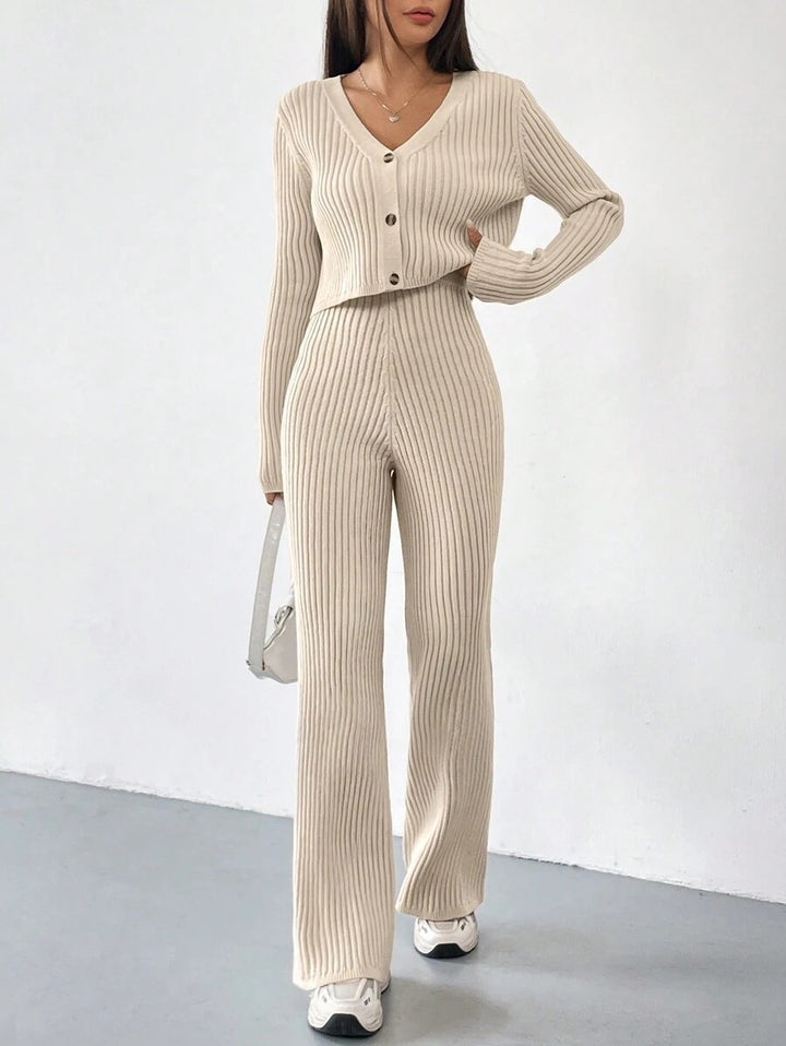 Damen Strick Set mit V-Ausschnitt und weitem Bein Drune