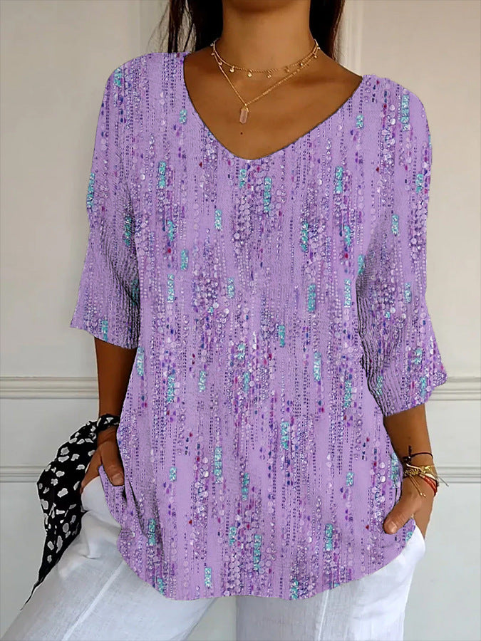 Damen V-Ausschnitt Bluse mit buntem Muster und lockerer Passform Drune