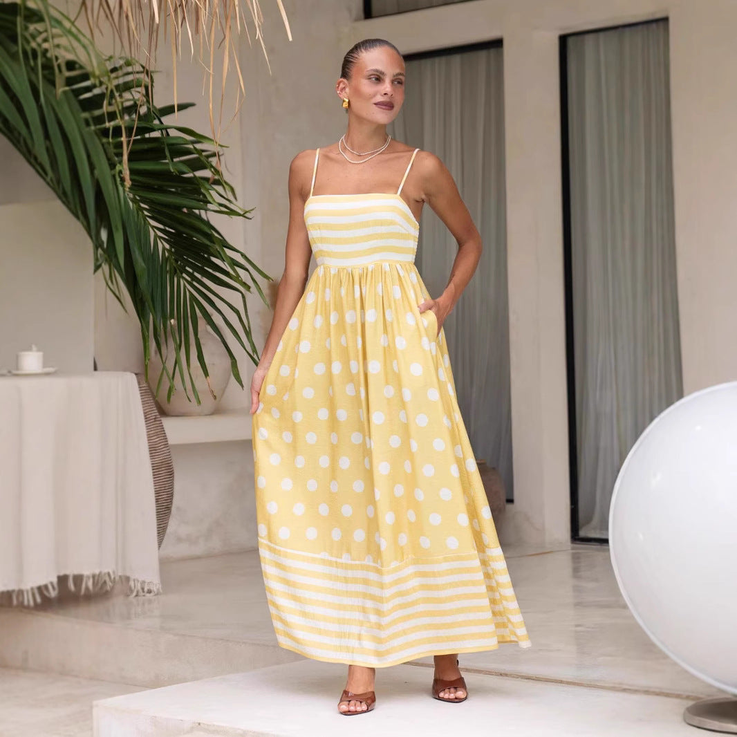 Damen Maxikleid mit verspieltem Streifendesign und großen Punkten Drune