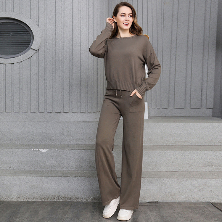 Damen gemütliches Strick-Loungewear-Set mit weitem Schnitt und praktischen Taschen Drune