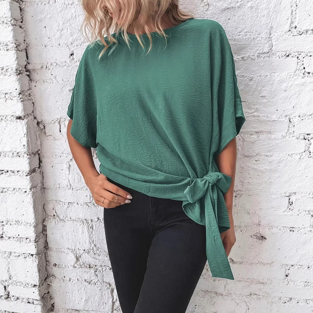 Damen Oversize Kurzarm-Top mit seitlicher Schleife und Crinkle-Struktur Drune