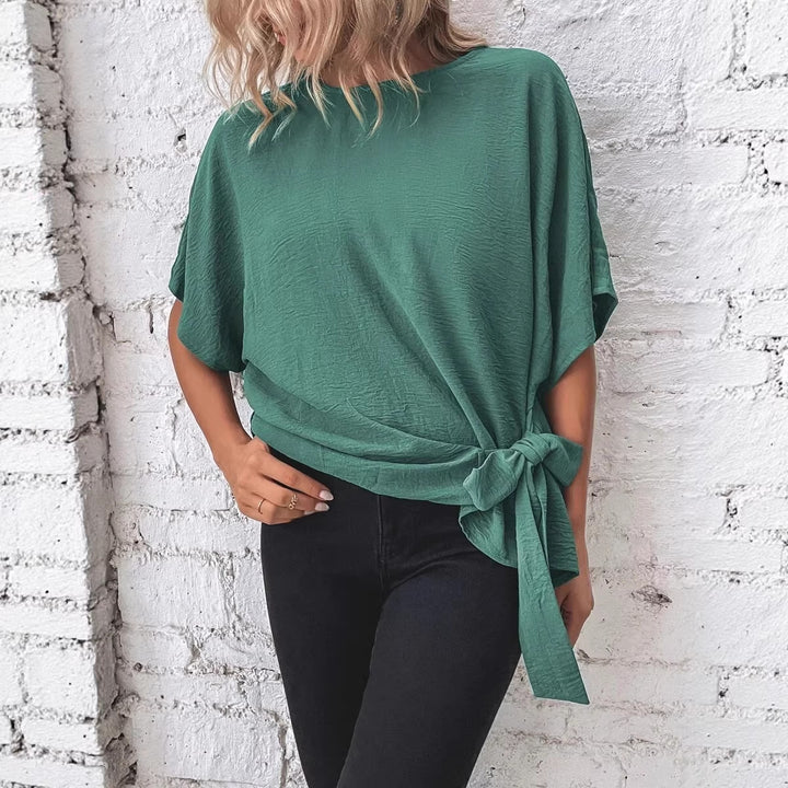 Damen Oversize Kurzarm-Top mit seitlicher Schleife und Crinkle-Struktur Drune