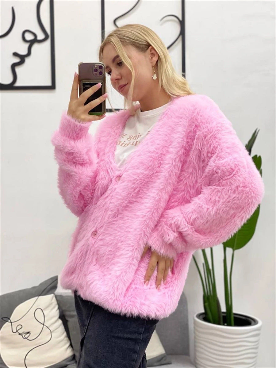 Damen gemütlicher Strickcardigan mit weichem Flauschmaterial und modischem Knopfdetail Drune
