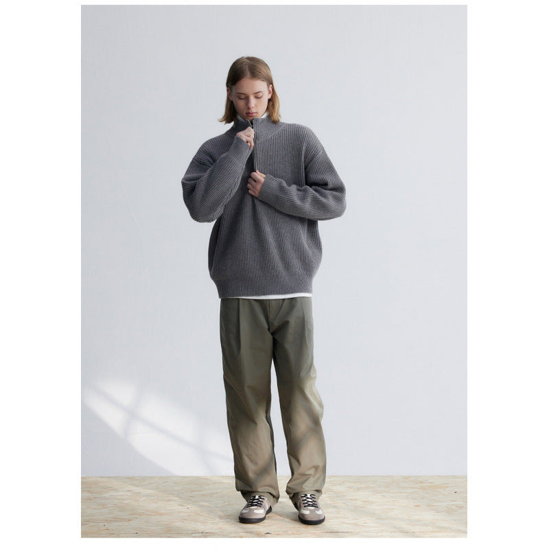Herren Oversized-Rippenstrick Halbzip-Pullover mit Stehkragen Drune