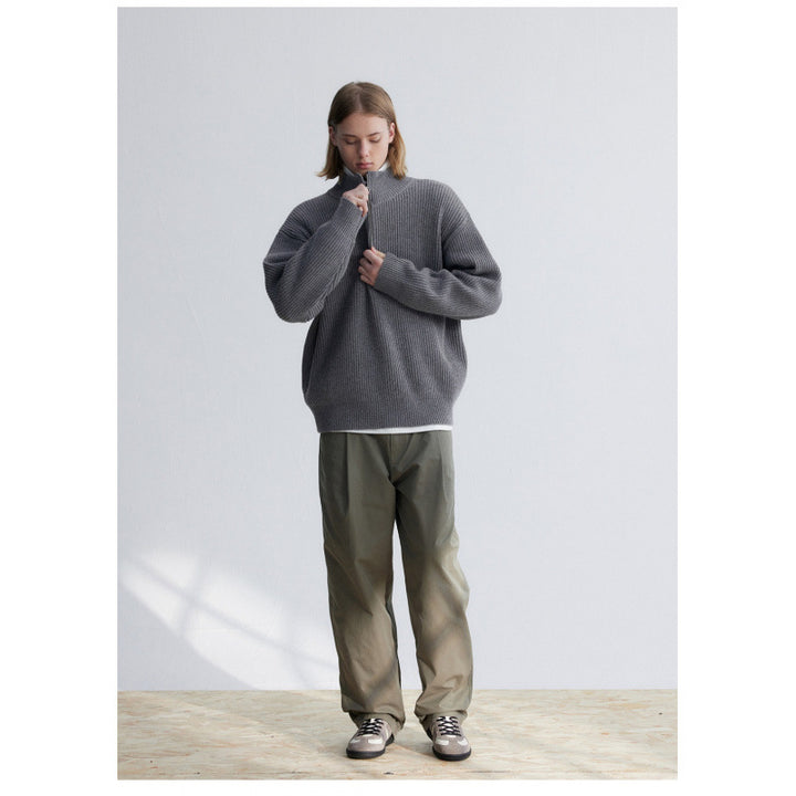 Herren Oversized-Rippenstrick Halbzip-Pullover mit Stehkragen Drune