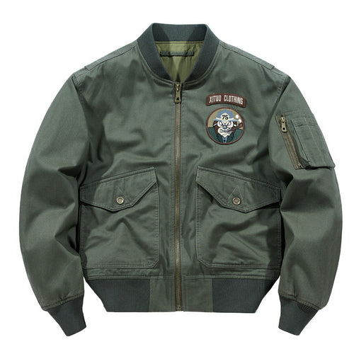Herren Kurzgeschnittener Piloten-Bomber mit Utility-Taschen und gestickten Patches Drune