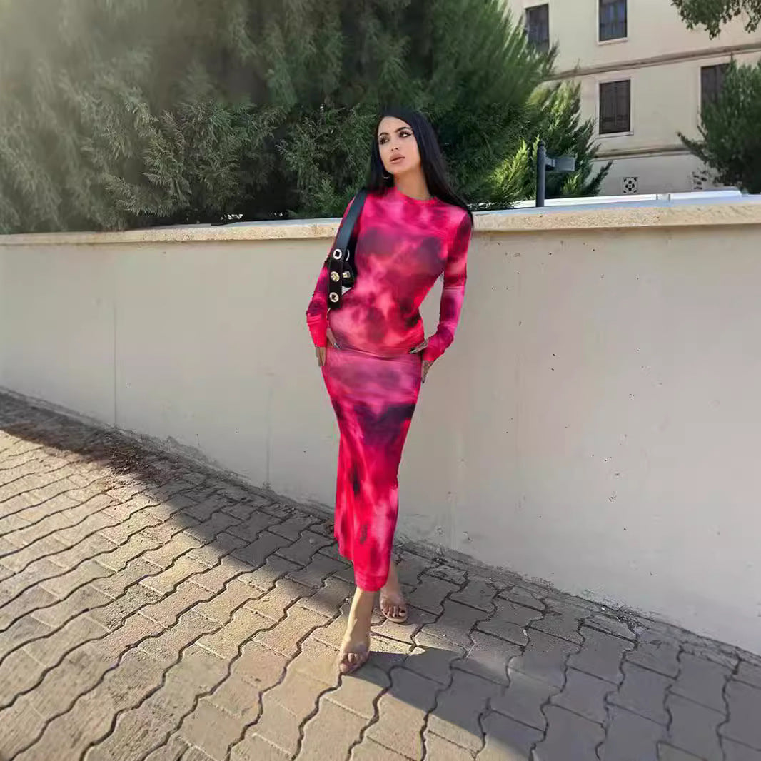 Damen figurbetontes Maxikleid mit langem Arm und modernem Batikmuster Drune