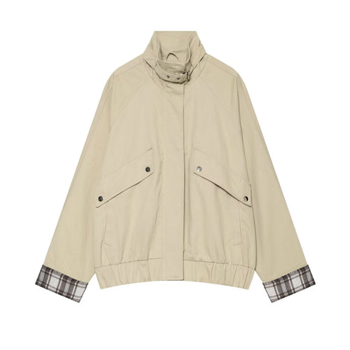 Damen Wasserabweisende Cropped-Utility-Jacke mit hohem Stehkragen und Karodetail an den Ärmelaufschlägen Drune
