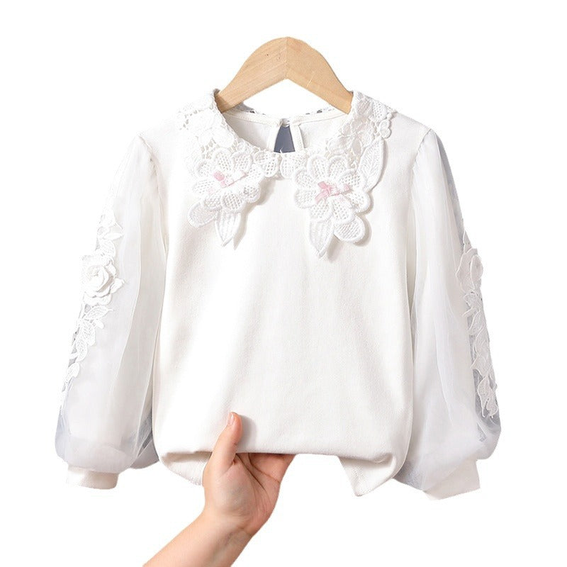 Mädchen Bluse mit floraler Stickerei und transparenten Ärmeln Drune