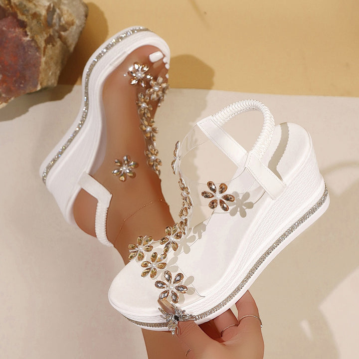 Damen Plateau-Sandalen mit transparentem PVC-Riemen und Blumenapplikation Drune