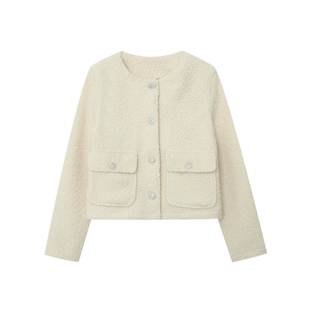 Damen nan Cropped Boucléjacke mit Rundhalsausschnitt, aufgesetzten Pattentaschen und glitzernden Zierknöpfen Drune