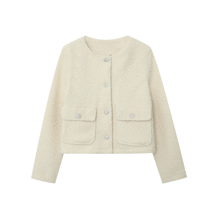 Damen nan Cropped Boucléjacke mit Rundhalsausschnitt, aufgesetzten Pattentaschen und glitzernden Zierknöpfen Drune