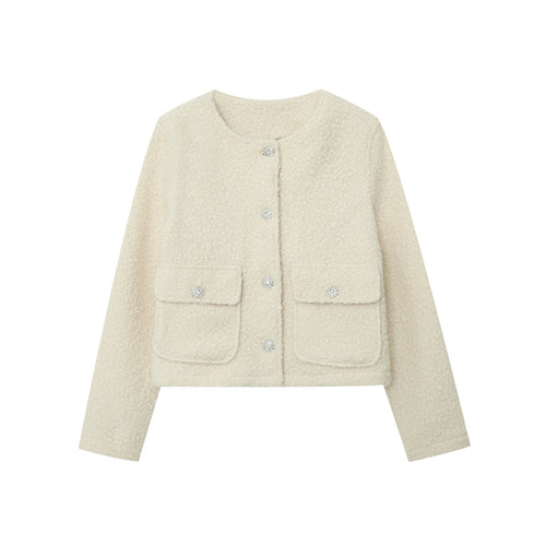 Damen nan Cropped Boucléjacke mit Rundhalsausschnitt, aufgesetzten Pattentaschen und glitzernden Zierknöpfen Drune