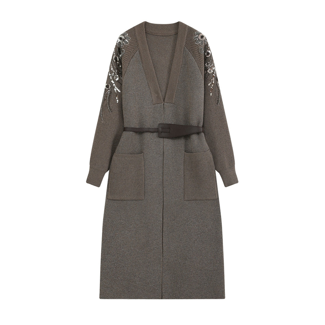 Damen Lange Strickjacke mit Gürtel, tiefem V‑Ausschnitt und bestickten Paillettenärmeln Drune