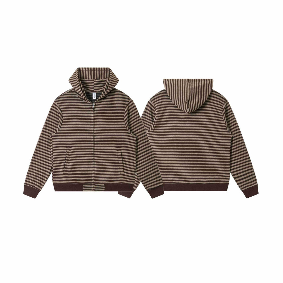 Unisex Gestreifte Strick-Kapuzenjacke mit durchgehendem Reißverschluss und Kängurutaschen Drune