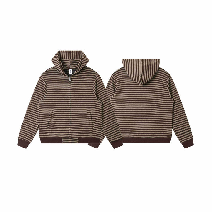 Unisex Gestreifte Strick-Kapuzenjacke mit durchgehendem Reißverschluss und Kängurutaschen Drune