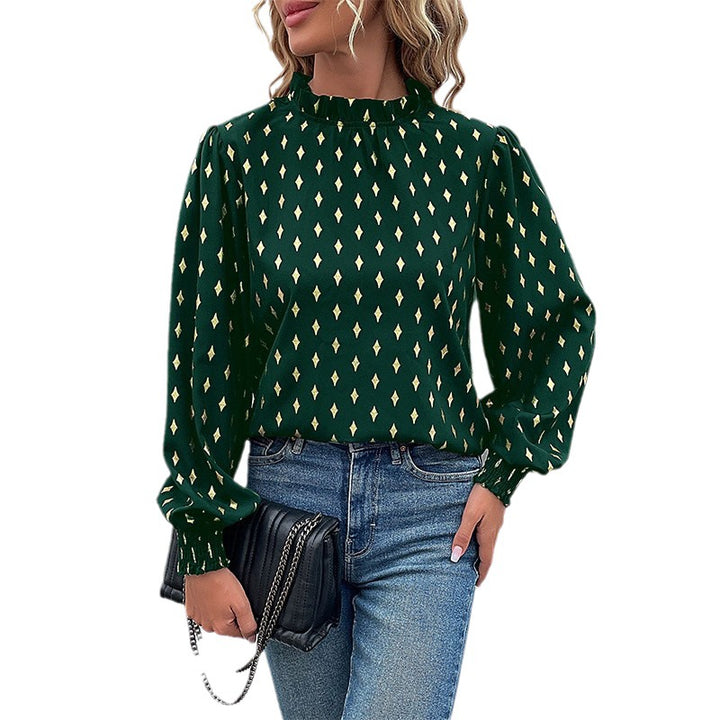 Damen Elegante Bluse mit Rüschen und Diamantenmuster Drune