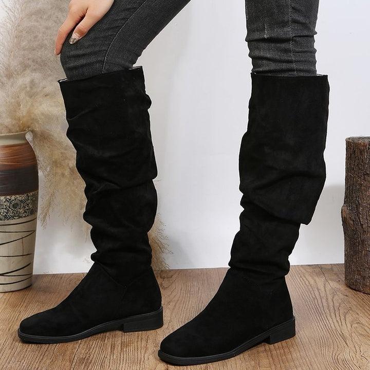 Damen kniehohe Schaftstiefel im Slouch-Look aus Veloursimitat mit rutschfester Gummisohle Drune