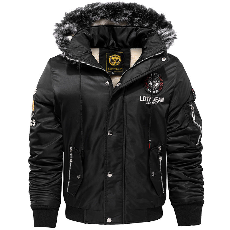 Herren Wattierter Pilotenbomber mit Teddyfleece‑Innenfutter, Kunstfellkapuze und Utility‑Taschen Drune