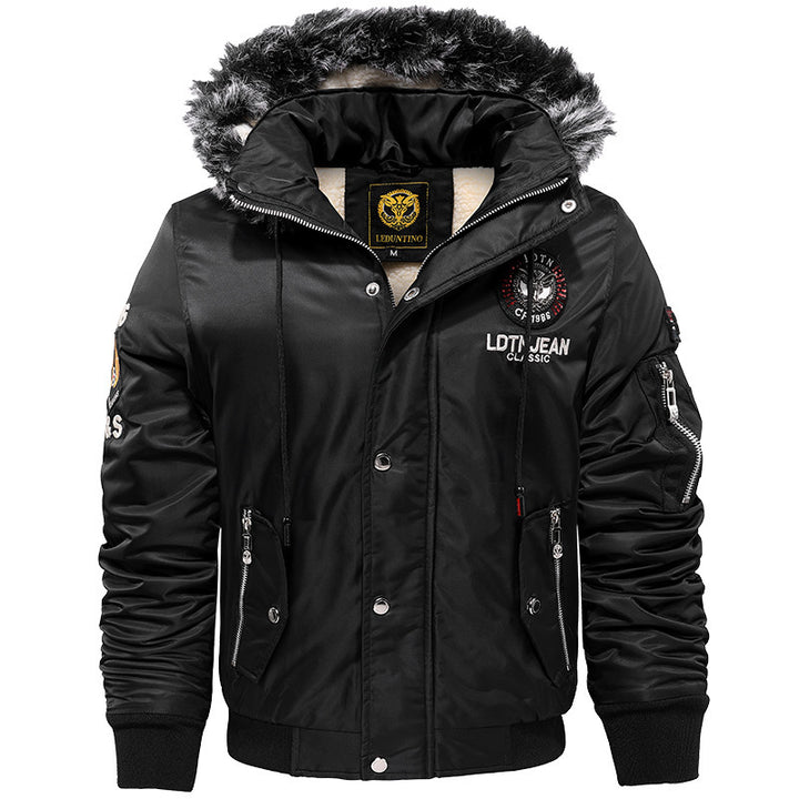 Herren Wattierter Pilotenbomber mit Teddyfleece‑Innenfutter, Kunstfellkapuze und Utility‑Taschen Drune