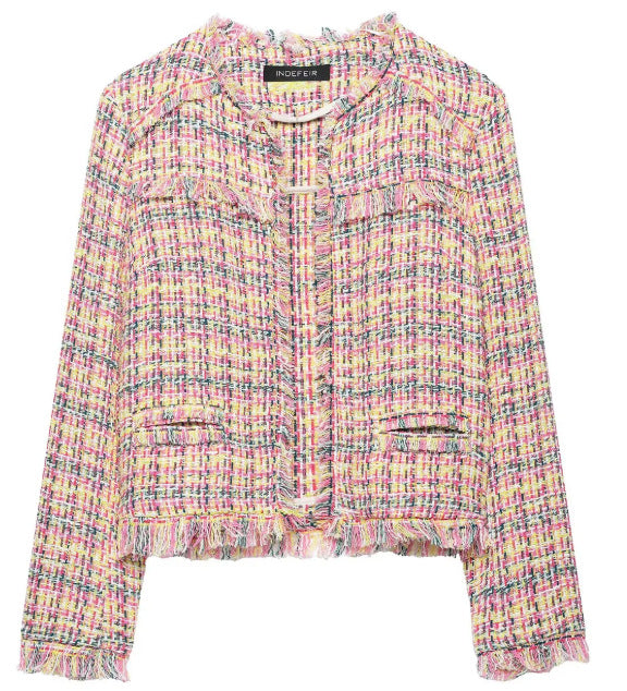 Damen Cropped Bouclé‑Tweed‑Blazer im Chanelstil mit Fransenabschlüssen Drune