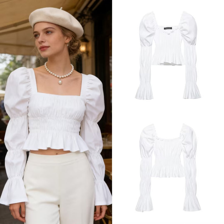 Damen Gerafftes Carmen-Crop-Top mit Puffärmeln, smockierter Taille und Stufenärmeln Drune