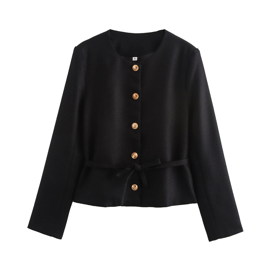 Damen nan strukturierte Kurzjacke mit Rundhalsausschnitt Holzknopf‑Leiste und taillierendem Bindegürtel Drune