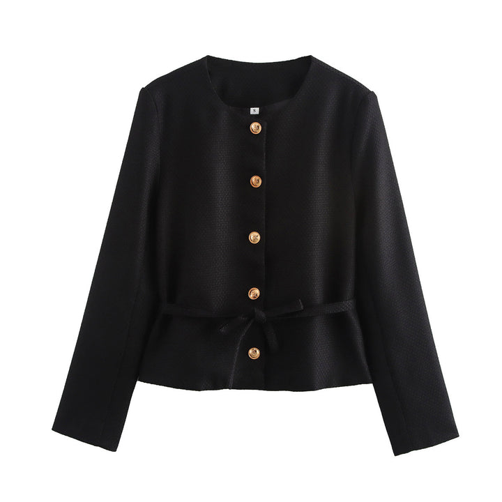 Damen nan strukturierte Kurzjacke mit Rundhalsausschnitt Holzknopf‑Leiste und taillierendem Bindegürtel Drune