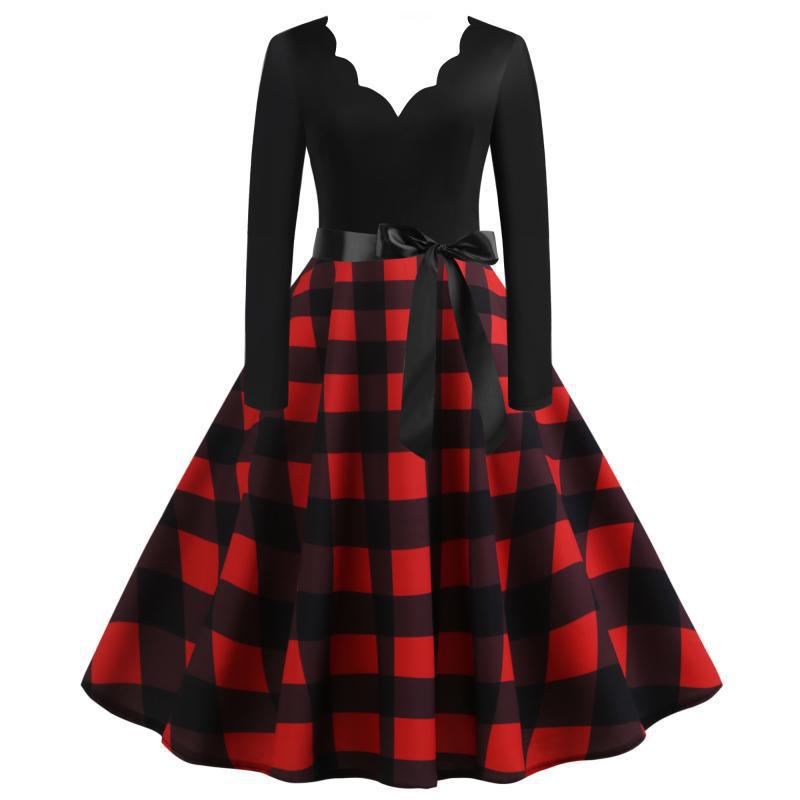 Damen Retro Swingkleid mit welligem V-Ausschnitt, tailliertem Satinbindegürtel und karierter Tellerrock Drune